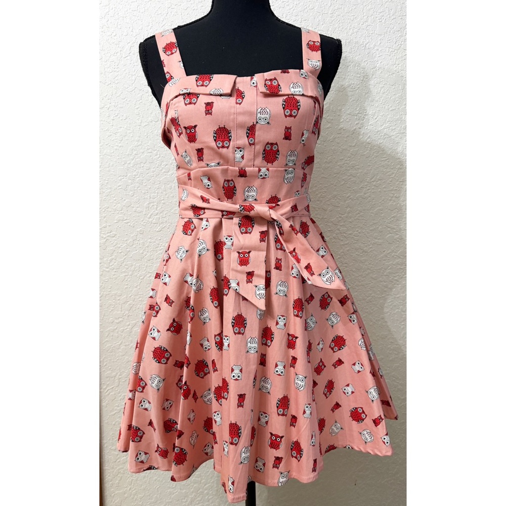 Ixia Red Pink Owl Print Fit & Flare Pinup Dress - M